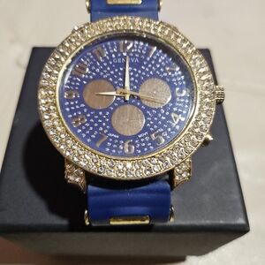 Geneva Blue and Gold Watch with Rhinestones